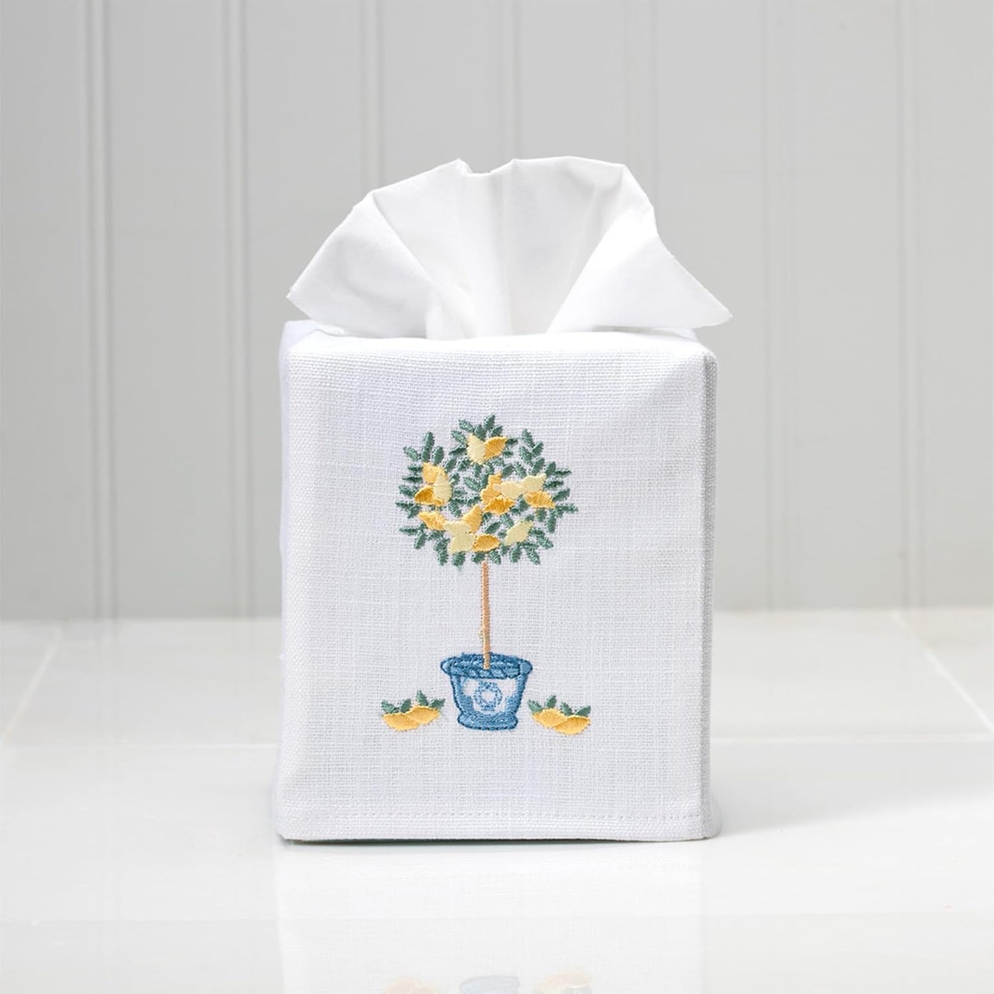 Square Tissue Box Cover, Linen/Cotton Fabric Tissue Holder, Decorative Cloth Tissue Cube Cover, Botanical Designs, Lemon Topiary Tree