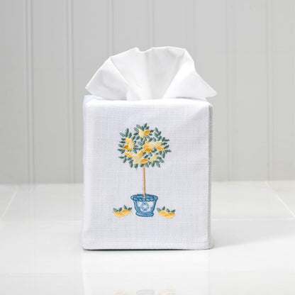 Square Tissue Box Cover, Linen/Cotton Fabric Tissue Holder, Decorative Cloth Tissue Cube Cover, Botanical Designs, Lemon Topiary Tree