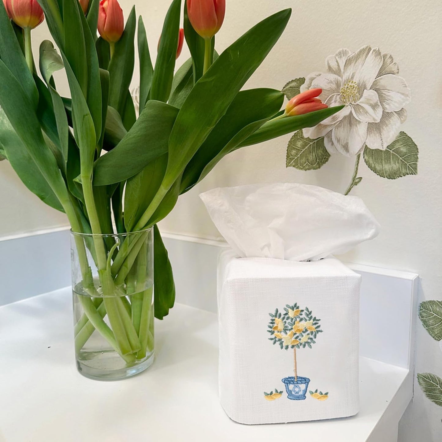 Square Tissue Box Cover, Linen/Cotton Fabric Tissue Holder, Decorative Cloth Tissue Cube Cover, Botanical Designs, Lemon Topiary Tree