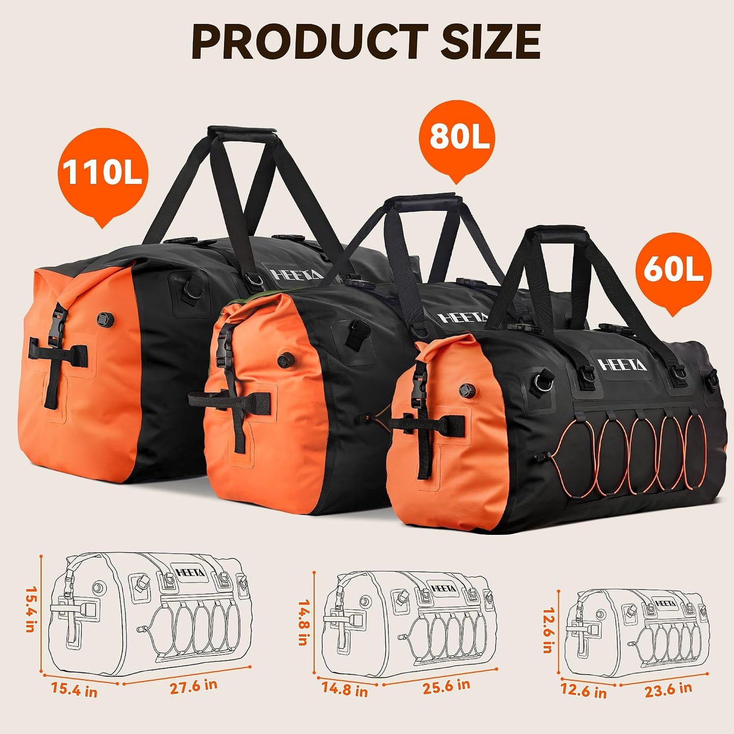 Waterproof Duffel Bag Travel Motorcycle Dry Bag Backpack 60L/80L/110L | Extra Large Rolltop Duffle Bags with Straps & Handles for Kayaking Boating Canoeing Camping Hiking Beach Cruise Ship Gym
