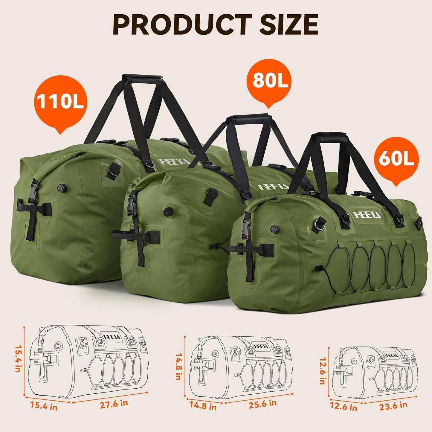 Waterproof Duffel Bag Travel Motorcycle Dry Bag Backpack 60L/80L/110L | Extra Large Rolltop Duffle Bags with Straps & Handles for Kayaking Boating Canoeing Camping Hiking Beach Cruise Ship Gym