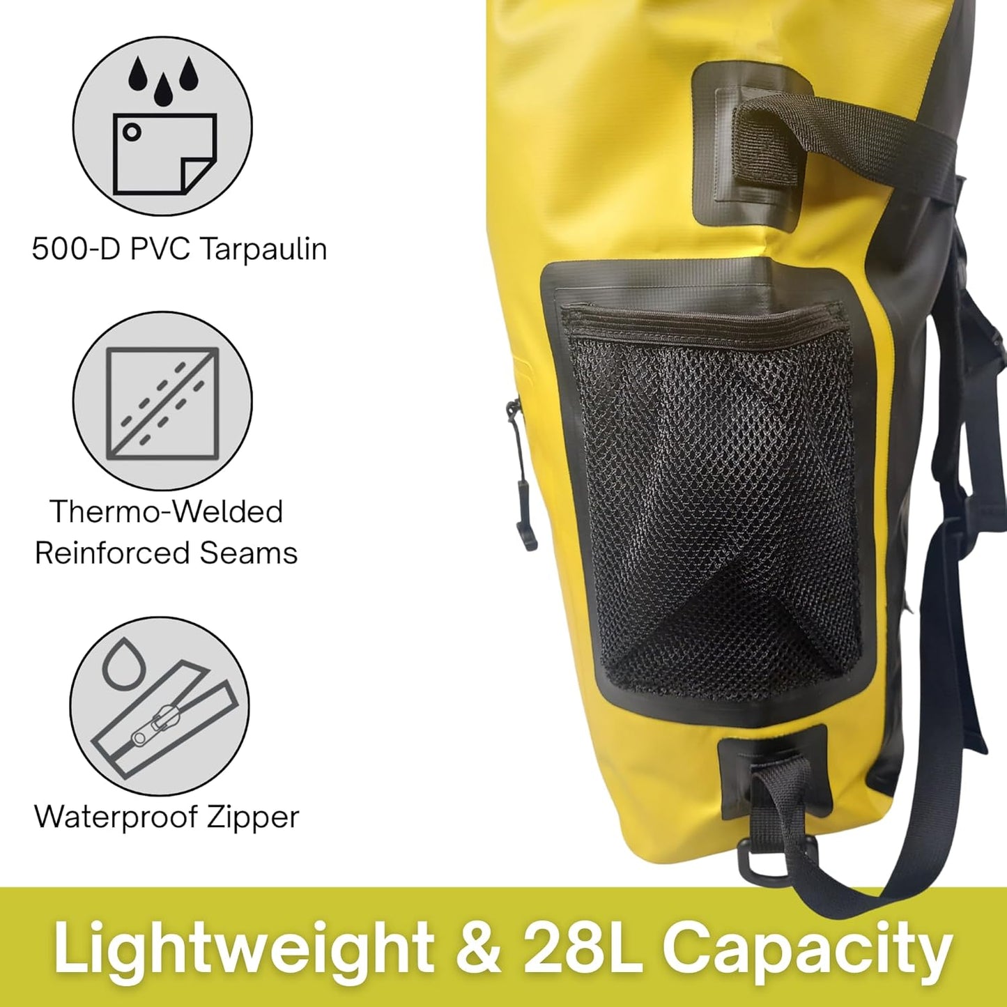 Waterproof Backpack 28L Yellow Dry Bag with Cell Phone Pouch with Exterior Window for Easy Use During All Water Sports | 28L Large Capacity | Ideal for Hiking, Boating, Rafting and Travel