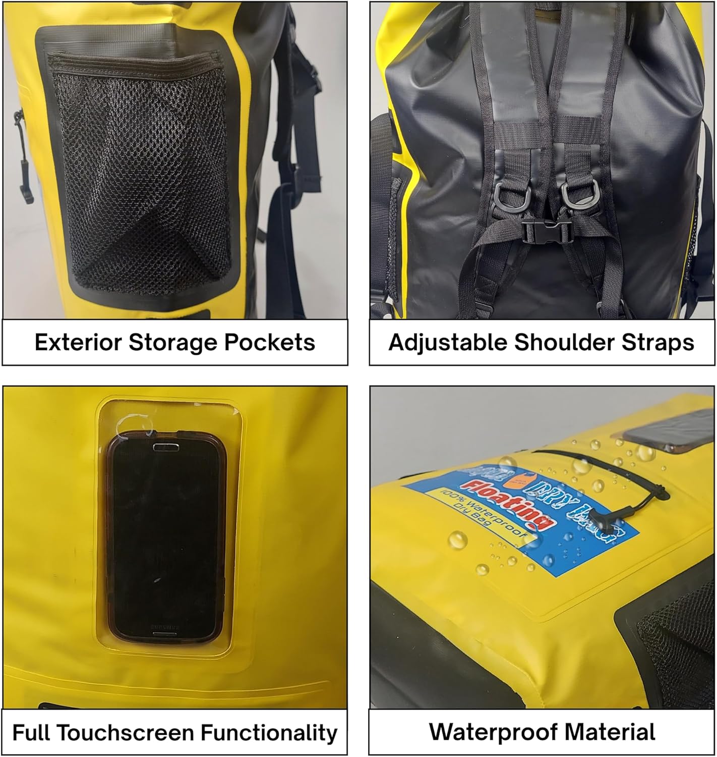 Waterproof Backpack 28L Yellow Dry Bag with Cell Phone Pouch with Exterior Window for Easy Use During All Water Sports | 28L Large Capacity | Ideal for Hiking, Boating, Rafting and Travel