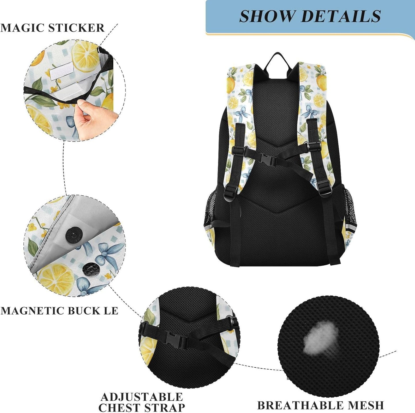 Kids Backpack Cute Bows Lemon (6) Backpack for Boys Girls Book Bag 17 Inch Daycare Laptop Bag Student Back to School Supplies