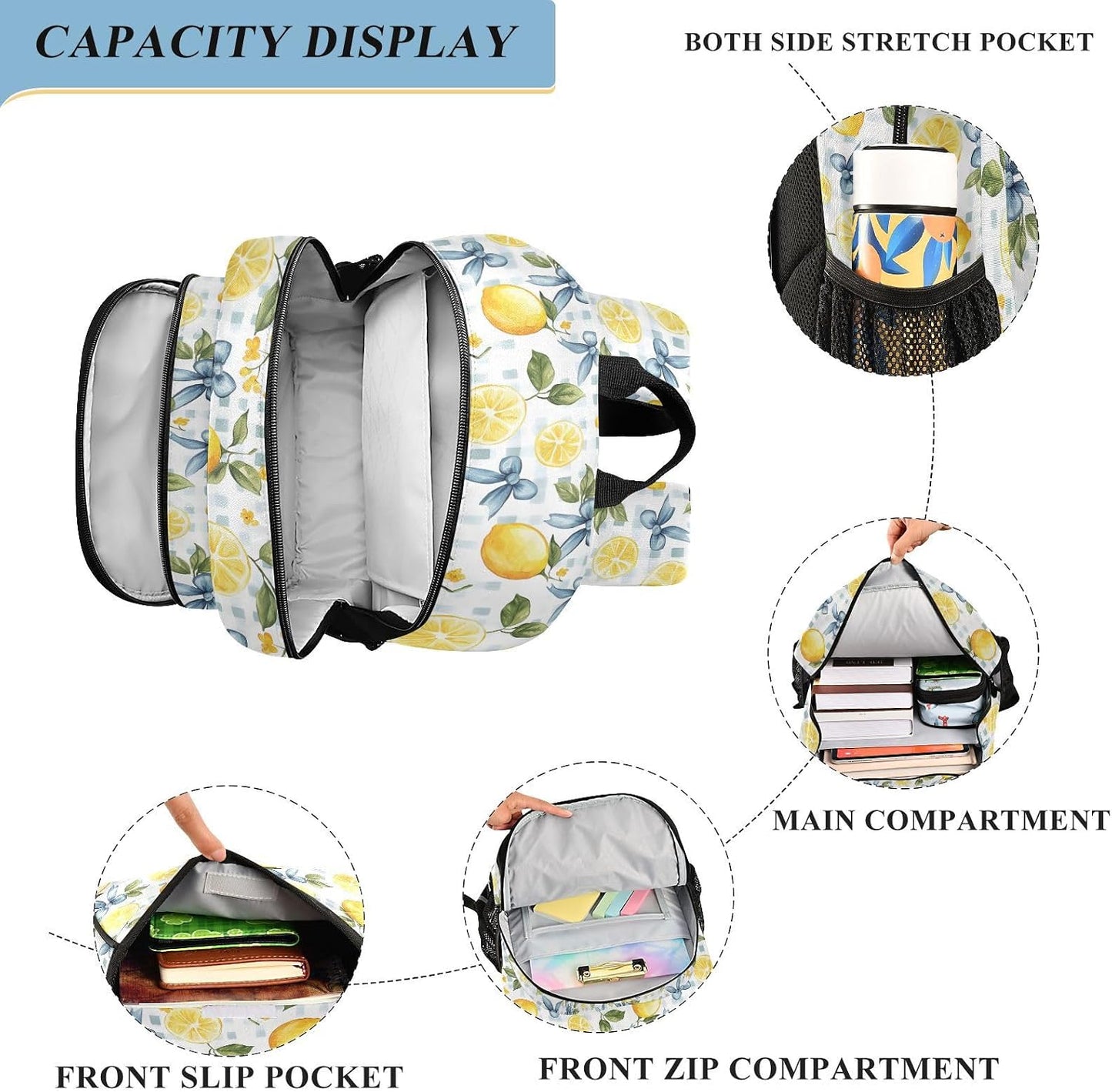 Kids Backpack Cute Bows Lemon (6) Backpack for Boys Girls Book Bag 17 Inch Daycare Laptop Bag Student Back to School Supplies