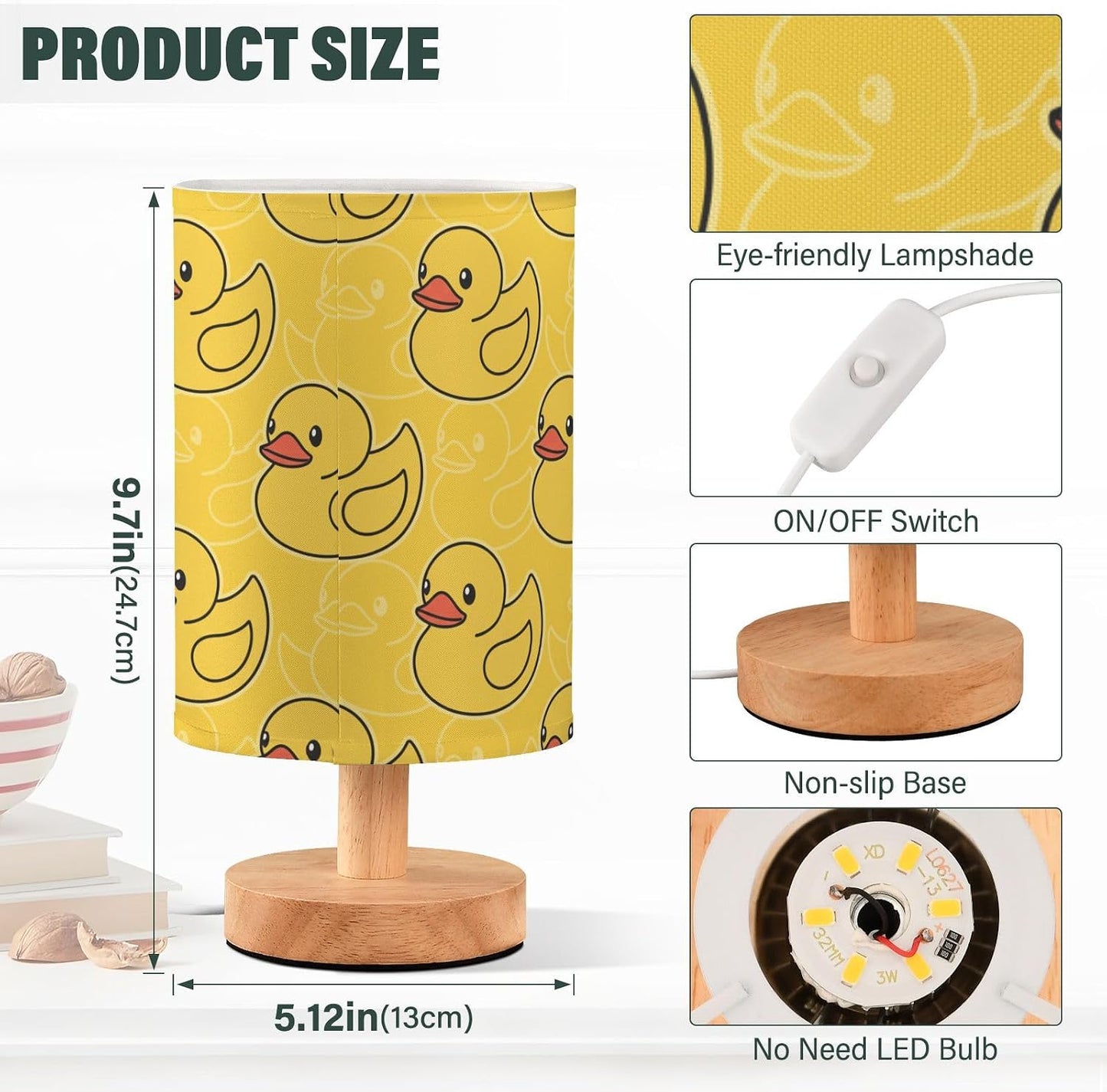 Duck Yellow Print Bedside Table Lamp for Bedroom Fabric Linen Lampshade Nightstand Lamp Desk Light Lamps for Home Dorm Office 5.12x9.7in