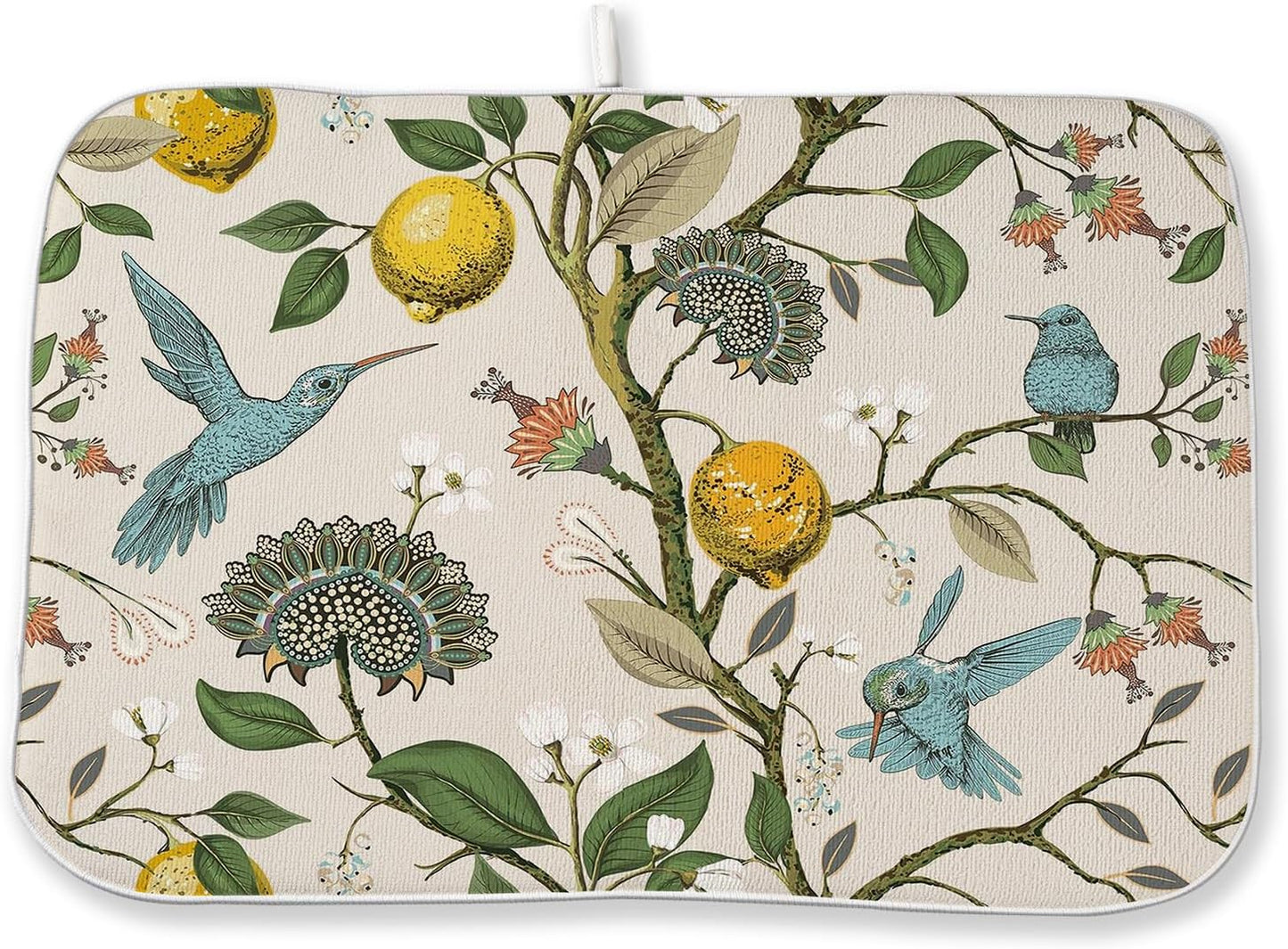 Chinoiserie Dish Drying Mats 18x24 Inch Yellow Lemon Flower Blue Green Bird Floral Drying Mats Kitchen Decor Seasonal Holiday Absorbent Drying Dish Pad Rack Drainer Mats for Counter Dining Room