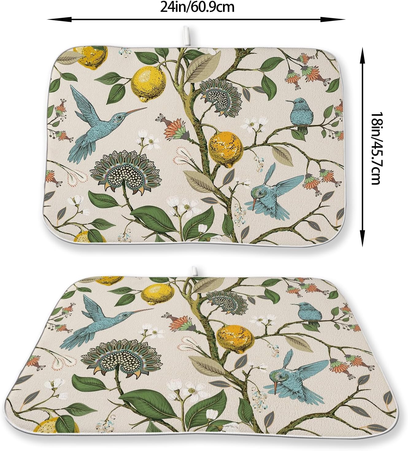 Chinoiserie Dish Drying Mats 18x24 Inch Yellow Lemon Flower Blue Green Bird Floral Drying Mats Kitchen Decor Seasonal Holiday Absorbent Drying Dish Pad Rack Drainer Mats for Counter Dining Room