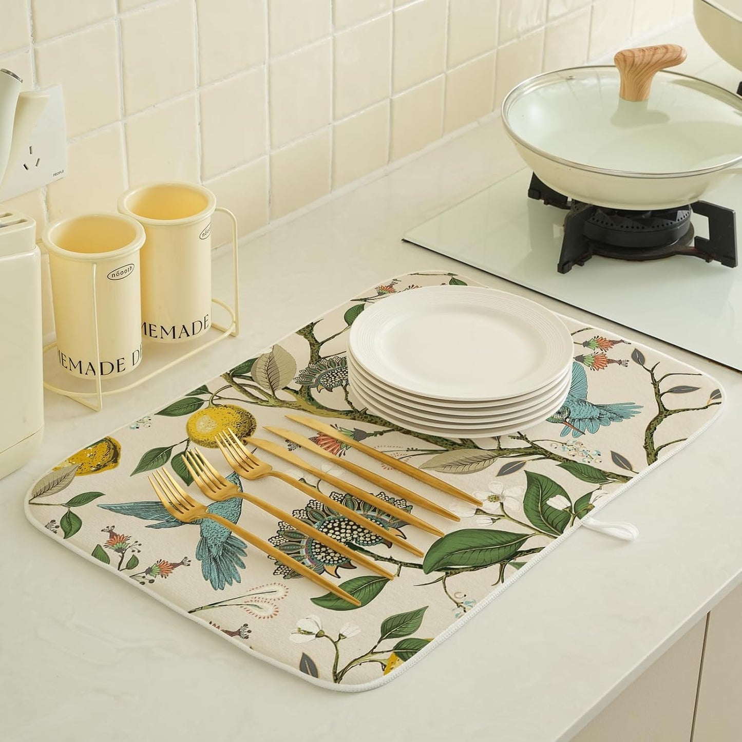 Chinoiserie Dish Drying Mats 18x24 Inch Yellow Lemon Flower Blue Green Bird Floral Drying Mats Kitchen Decor Seasonal Holiday Absorbent Drying Dish Pad Rack Drainer Mats for Counter Dining Room
