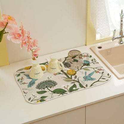 Chinoiserie Dish Drying Mats 18x24 Inch Yellow Lemon Flower Blue Green Bird Floral Drying Mats Kitchen Decor Seasonal Holiday Absorbent Drying Dish Pad Rack Drainer Mats for Counter Dining Room