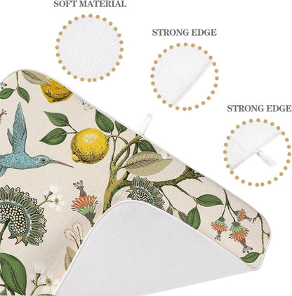 Chinoiserie Dish Drying Mats 18x24 Inch Yellow Lemon Flower Blue Green Bird Floral Drying Mats Kitchen Decor Seasonal Holiday Absorbent Drying Dish Pad Rack Drainer Mats for Counter Dining Room