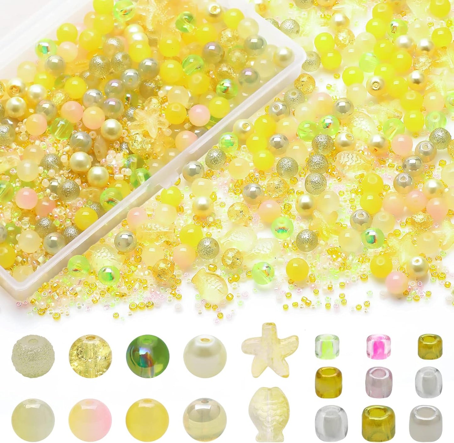 8MM Round Crystal Beads for Jewelry Making, 760pcs Lemon Yellow Assorted Glass Beads for Bracelets Making with Seed Beads, Ocean Starfish Beads