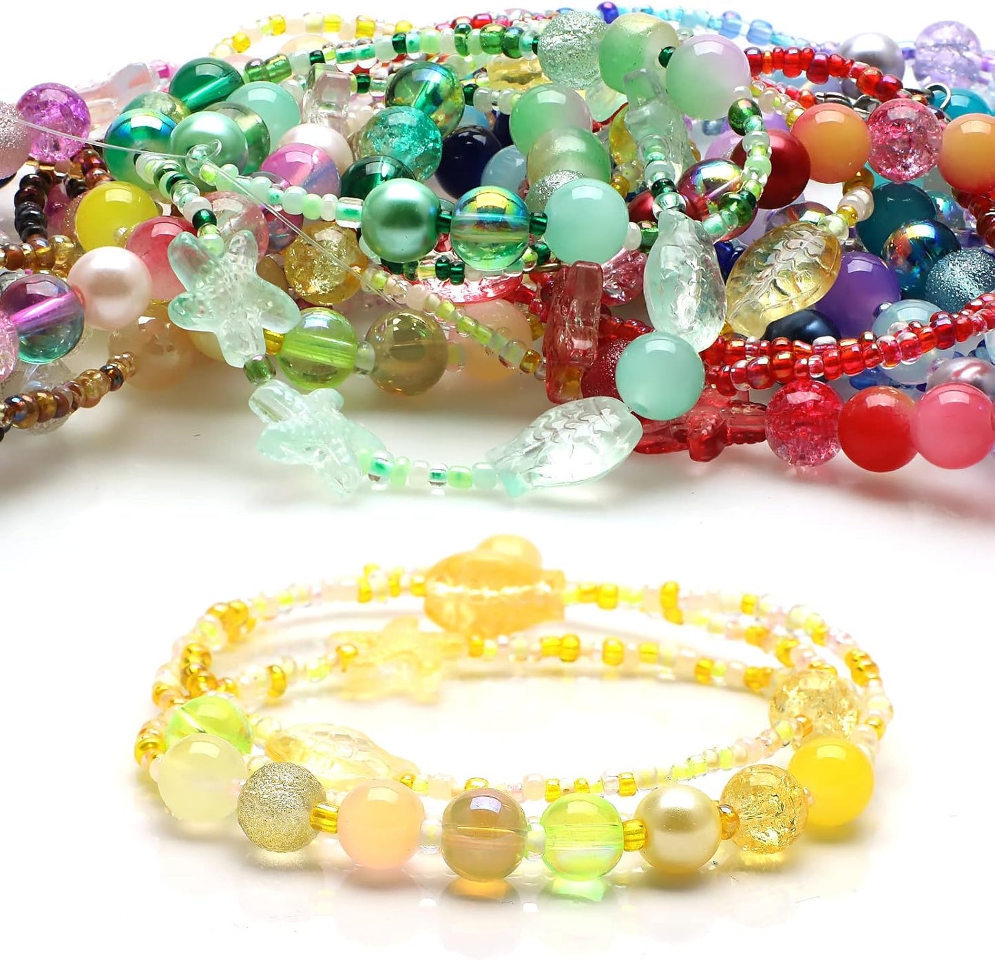 8MM Round Crystal Beads for Jewelry Making, 760pcs Lemon Yellow Assorted Glass Beads for Bracelets Making with Seed Beads, Ocean Starfish Beads