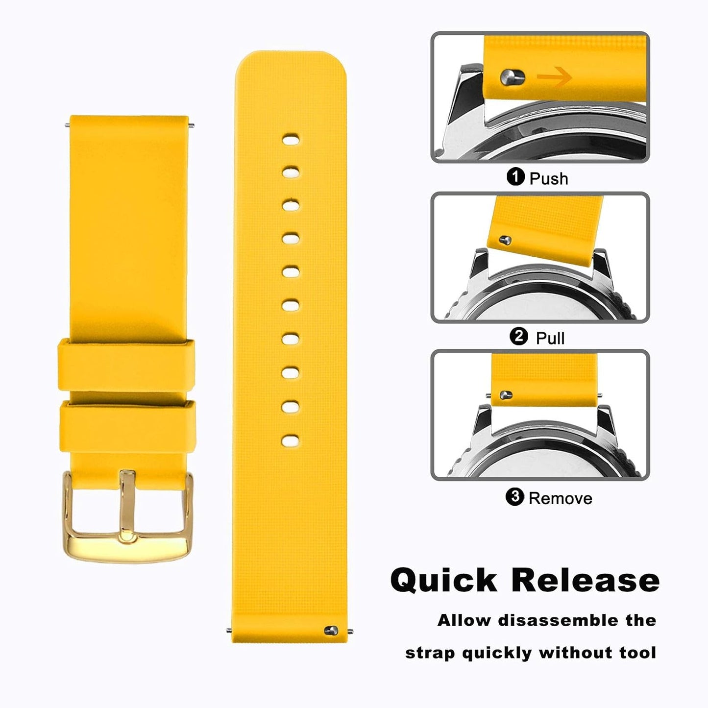 WOCCI 16mm Silicone Watch Band with Gold Buckle, Soft Rubber Replacement Straps with Quick Release (Yellow)