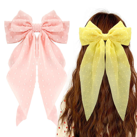Big Bow Hair Clips 2pcs, Long Tail French Barrettes for Women and Girls, Pink Yellow Bowknot Accessories for Birthday, Bachelorette Party, Wedding | Bow Hair Barrette, Soft Bowknot Hair Dress Up Accessories Decor for Birthday Bachelorette Party Wedding