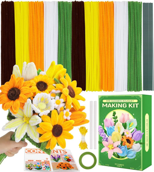 Yellow Pipe Cleaners for Crafts (400pcs with Instruction), Flower Making Kit, Chenille Stems for DIY Projecets, Arts & Crafts Supplies for Festival Party Decorations