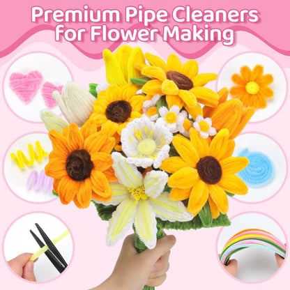 Yellow Pipe Cleaners for Crafts (400pcs with Instruction), Flower Making Kit, Chenille Stems for DIY Projecets, Arts & Crafts Supplies for Festival Party Decorations