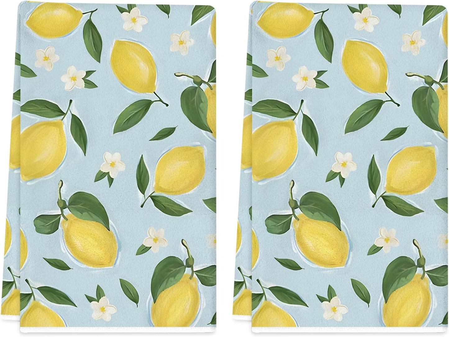 Summer Kitchen Towels 18x26 Inch Set of 2 Lemon Flower Blue Dish Towels Farmhouse Seasonal Holiday Decorative Hand Cloth for Kitchen Bathroom Decorations