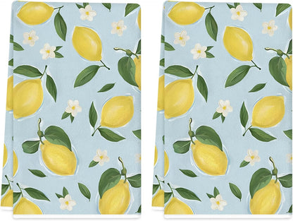 Summer Kitchen Towels 18x26 Inch Set of 2 Lemon Flower Blue Dish Towels Farmhouse Seasonal Holiday Decorative Hand Cloth for Kitchen Bathroom Decorations
