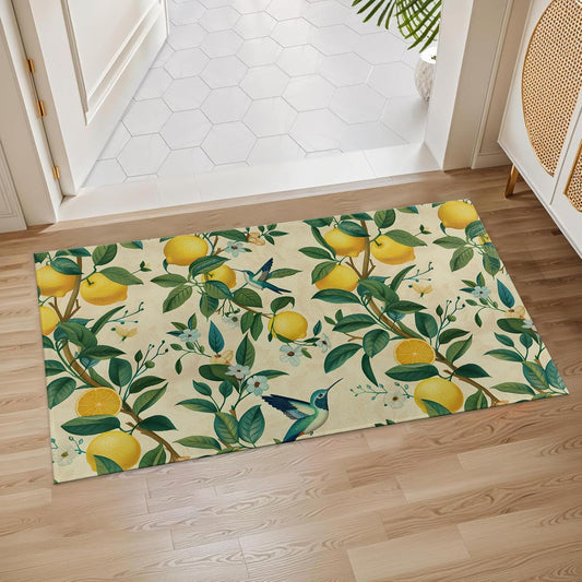 Lemon Tree and Hummingbird Indoor Door Mat, 17x29.5 Inch, Floor Area Rug for Entryway, Living Room, or Bathroom, Non-Slip Doormat, Citrus and Botanical Home Decor Rug Gifts