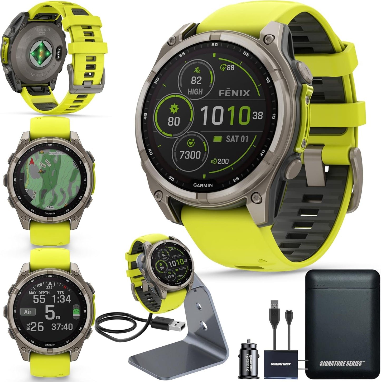 Garmin Fenix 8 Premium Multisport GPS Running Smartwatch, 47 mm, Sapphire | Solar, Dive-Rated, Built-in Flashlight | Titanium with Amp Yellow/Graphite Band with Signature Series Charging Stand