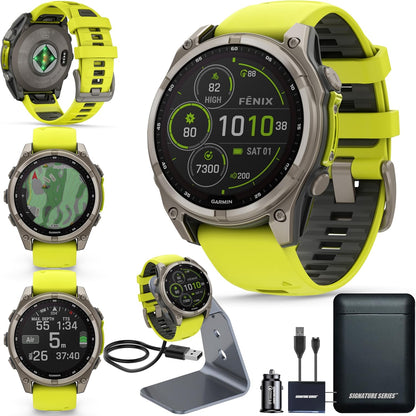 Garmin Fenix 8 Premium Multisport GPS Running Smartwatch, 47 mm, Sapphire | Solar, Dive-Rated, Built-in Flashlight | Titanium with Amp Yellow/Graphite Band with Signature Series Charging Stand