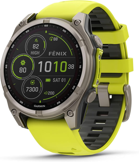 Garmin Fenix 8 Premium Multisport GPS Running Smartwatch, 47 mm, Sapphire | Solar, Dive-Rated, Built-in Flashlight | Titanium with Amp Yellow/Graphite Band with Signature Series Charging Stand
