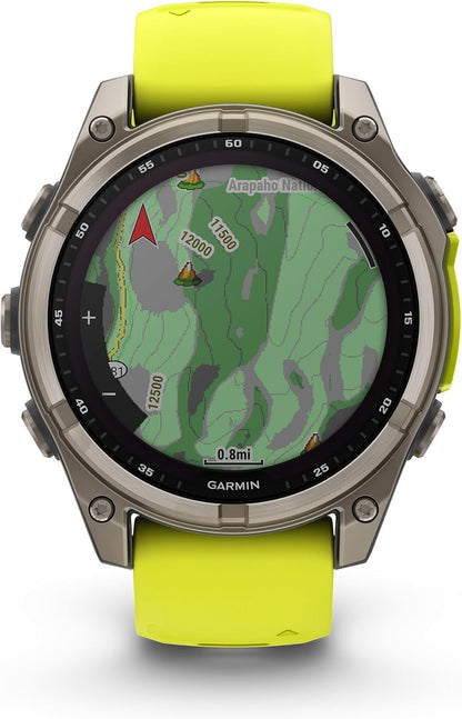 Garmin Fenix 8 Premium Multisport GPS Running Smartwatch, 47 mm, Sapphire | Solar, Dive-Rated, Built-in Flashlight | Titanium with Amp Yellow/Graphite Band with Signature Series Charging Stand
