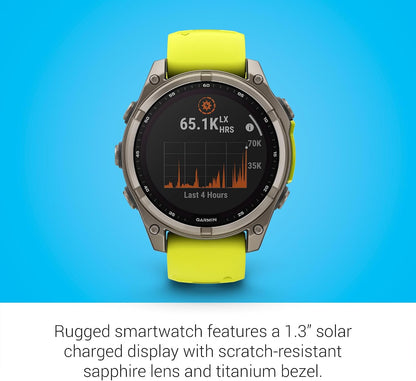 Garmin Fenix 8 Premium Multisport GPS Running Smartwatch, 47 mm, Sapphire | Solar, Dive-Rated, Built-in Flashlight | Titanium with Amp Yellow/Graphite Band with Signature Series Charging Stand