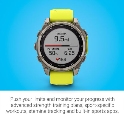 Garmin Fenix 8 Premium Multisport GPS Running Smartwatch, 47 mm, Sapphire | Solar, Dive-Rated, Built-in Flashlight | Titanium with Amp Yellow/Graphite Band with Signature Series Charging Stand