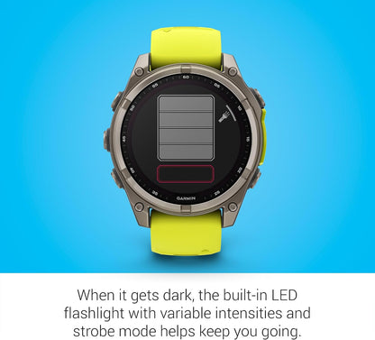 Garmin Fenix 8 Premium Multisport GPS Running Smartwatch, 47 mm, Sapphire | Solar, Dive-Rated, Built-in Flashlight | Titanium with Amp Yellow/Graphite Band with Signature Series Charging Stand