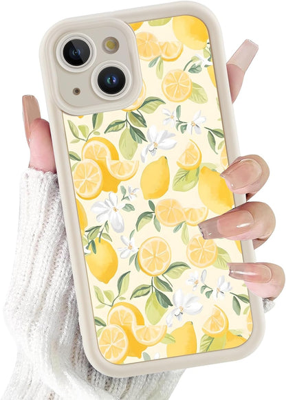 RUMSEY Summer Case for iPhone 14 Flower Aesthetic Pattern, White Floral Lemons Design Phone Cover for Women Girls, Soft Silicone Shockproof Full Camera Protective Shell for iPhone 14 6,1"