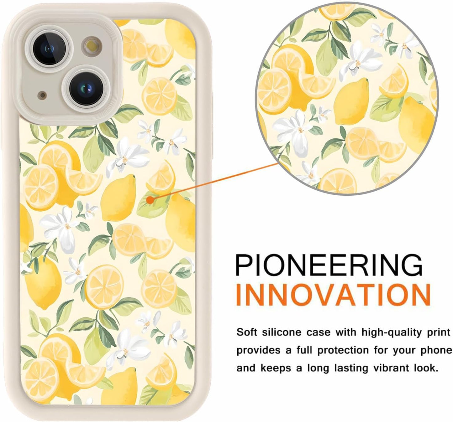 RUMSEY Summer Case for iPhone 14 Flower Aesthetic Pattern, White Floral Lemons Design Phone Cover for Women Girls, Soft Silicone Shockproof Full Camera Protective Shell for iPhone 14 6,1"