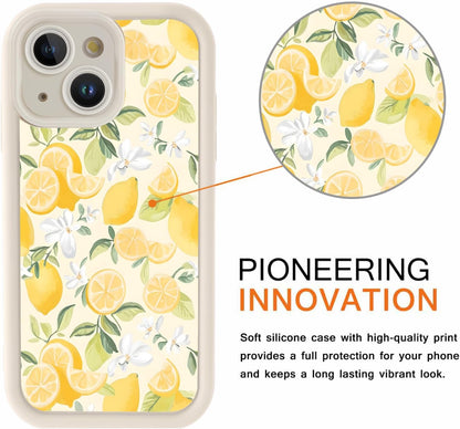 RUMSEY Summer Case for iPhone 14 Flower Aesthetic Pattern, White Floral Lemons Design Phone Cover for Women Girls, Soft Silicone Shockproof Full Camera Protective Shell for iPhone 14 6,1"