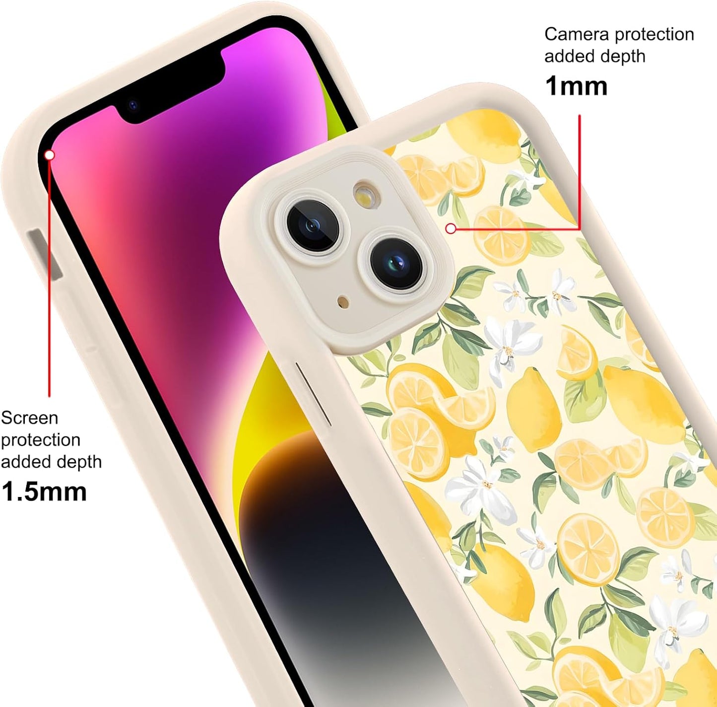 RUMSEY Summer Case for iPhone 14 Flower Aesthetic Pattern, White Floral Lemons Design Phone Cover for Women Girls, Soft Silicone Shockproof Full Camera Protective Shell for iPhone 14 6,1"