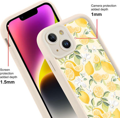 RUMSEY Summer Case for iPhone 14 Flower Aesthetic Pattern, White Floral Lemons Design Phone Cover for Women Girls, Soft Silicone Shockproof Full Camera Protective Shell for iPhone 14 6,1"