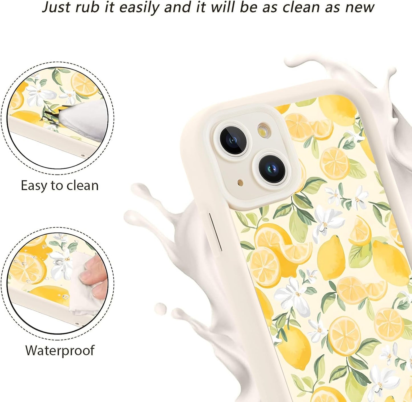 RUMSEY Summer Case for iPhone 14 Flower Aesthetic Pattern, White Floral Lemons Design Phone Cover for Women Girls, Soft Silicone Shockproof Full Camera Protective Shell for iPhone 14 6,1"