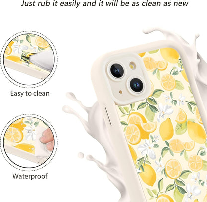 RUMSEY Summer Case for iPhone 14 Flower Aesthetic Pattern, White Floral Lemons Design Phone Cover for Women Girls, Soft Silicone Shockproof Full Camera Protective Shell for iPhone 14 6,1"