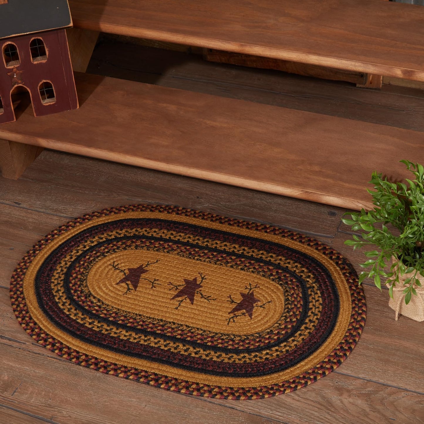 Heritage Farms Primitive Star and Pip Jute Yellow Stenciled Accent Rug Oval w/Pad 20"x30"