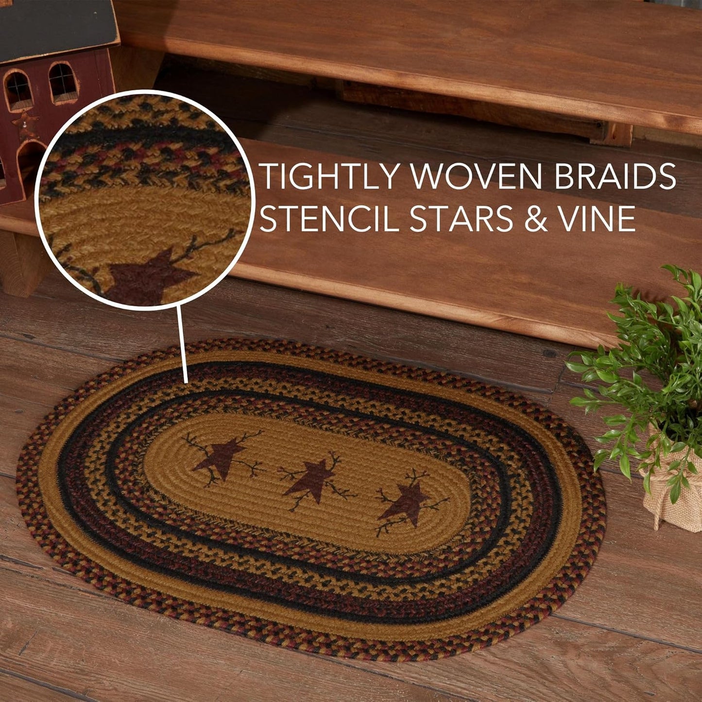 Heritage Farms Primitive Star and Pip Jute Yellow Stenciled Accent Rug Oval w/Pad 20"x30"