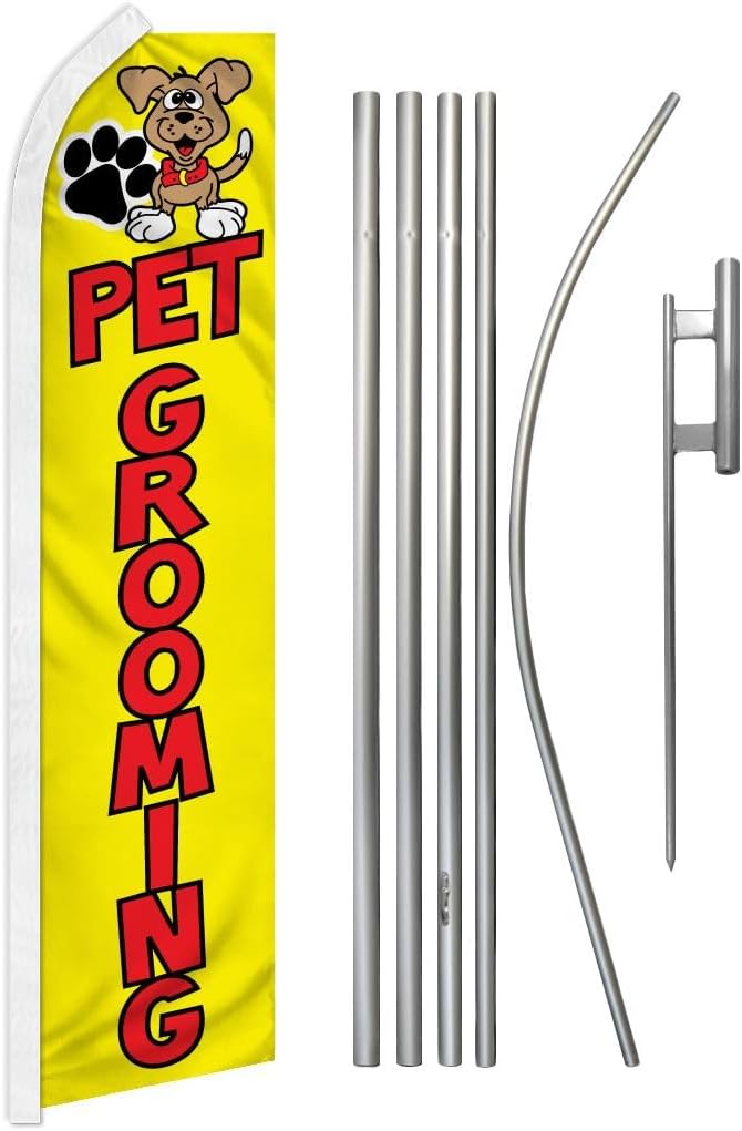 Pet Grooming Yellow & Red Super Swooper Flag & Flag Pole Kit & Ground Spike, 11.5' x 2.5'
