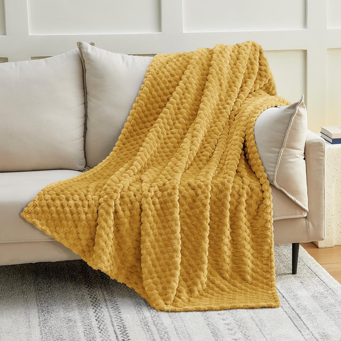 EXQ Home Gentle Soft Fleece Throw Blanket – Cozy Lightweight 3D Imitation Turtle Shell Jacquard Blanket for Couch Bed – All-Season Warm Fuzzy Flannel Blanket for Women Mom Gift(60"x80",Mustard Yellow)