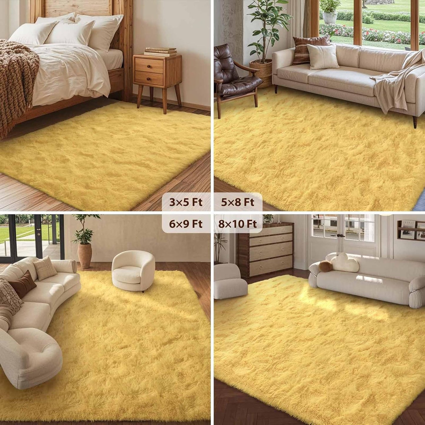 FinRèc Soft Yellow Rugs for Bedroom Living Room, 4x6 Feet Fluffy Shaggy Area Rug, Non-Slip Fuzzy Furry Shag Rug for Nursery Kids Room Dorm Room Home Decor, Indoor Plush Floor Carpet