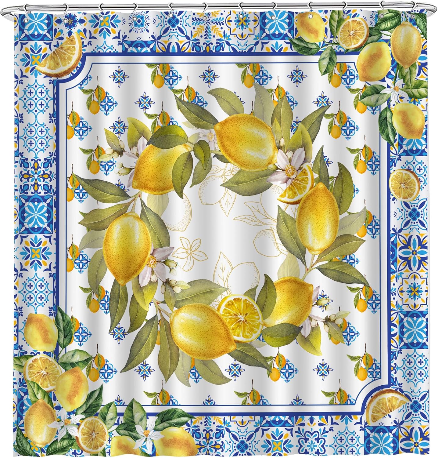 Lemon Shower Curtain, Yellow and Blue Mediterranean Curtain for Bathroom, Farmhouse Summer Waterproof Bath Curtains with Hooks for Seasonal Decorative Decor Housewarming Gifts, 71x71 Inches