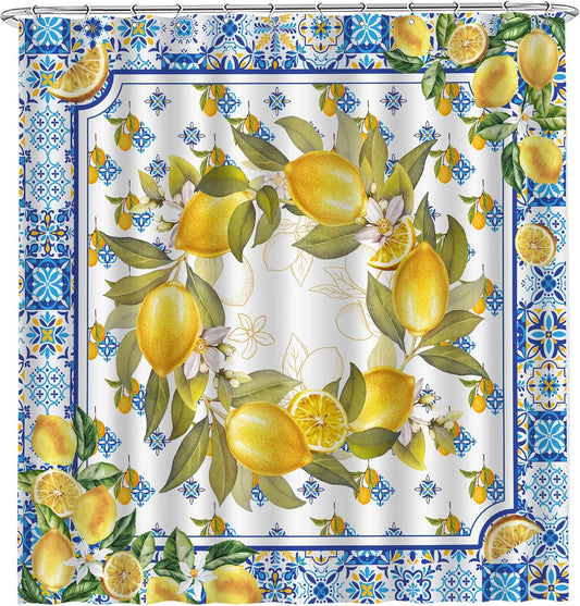 Lemon Shower Curtain, Yellow and Blue Mediterranean Curtain for Bathroom, Farmhouse Summer Waterproof Bath Curtains with Hooks for Seasonal Decorative Decor Housewarming Gifts, 71x71 Inches