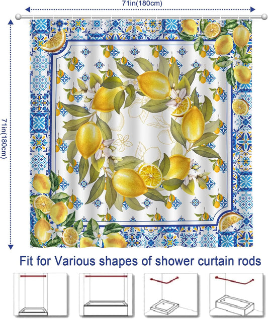 Lemon Shower Curtain, Yellow and Blue Mediterranean Curtain for Bathroom, Farmhouse Summer Waterproof Bath Curtains with Hooks for Seasonal Decorative Decor Housewarming Gifts, 71x71 Inches