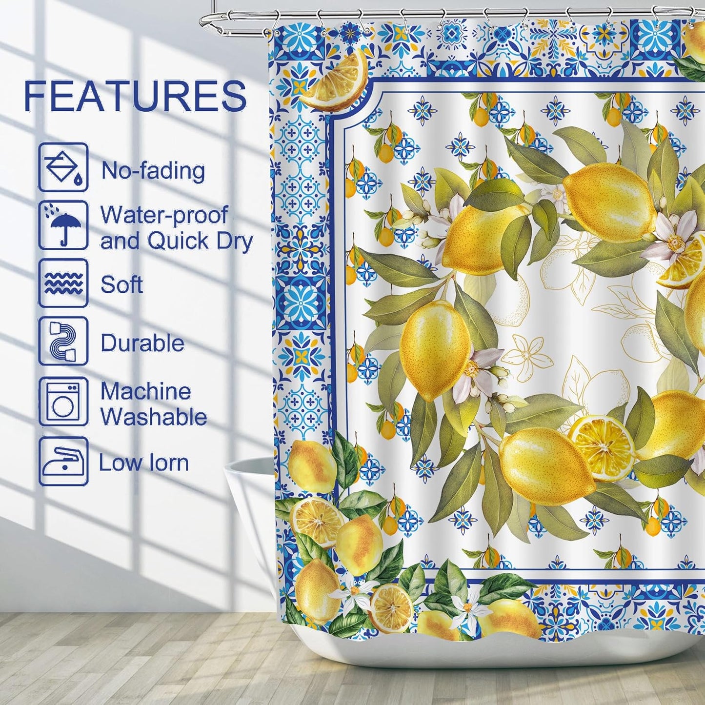 Lemon Shower Curtain, Yellow and Blue Mediterranean Curtain for Bathroom, Farmhouse Summer Waterproof Bath Curtains with Hooks for Seasonal Decorative Decor Housewarming Gifts, 71x71 Inches