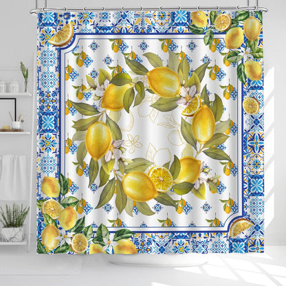 Lemon Shower Curtain, Yellow and Blue Mediterranean Curtain for Bathroom, Farmhouse Summer Waterproof Bath Curtains with Hooks for Seasonal Decorative Decor Housewarming Gifts, 71x71 Inches