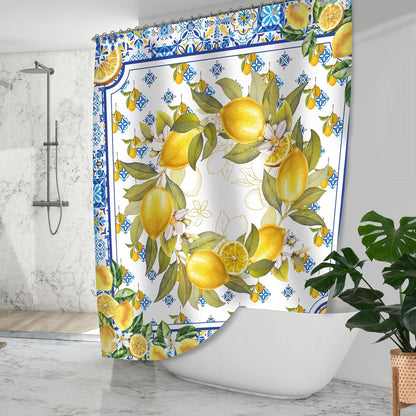 Lemon Shower Curtain, Yellow and Blue Mediterranean Curtain for Bathroom, Farmhouse Summer Waterproof Bath Curtains with Hooks for Seasonal Decorative Decor Housewarming Gifts, 71x71 Inches