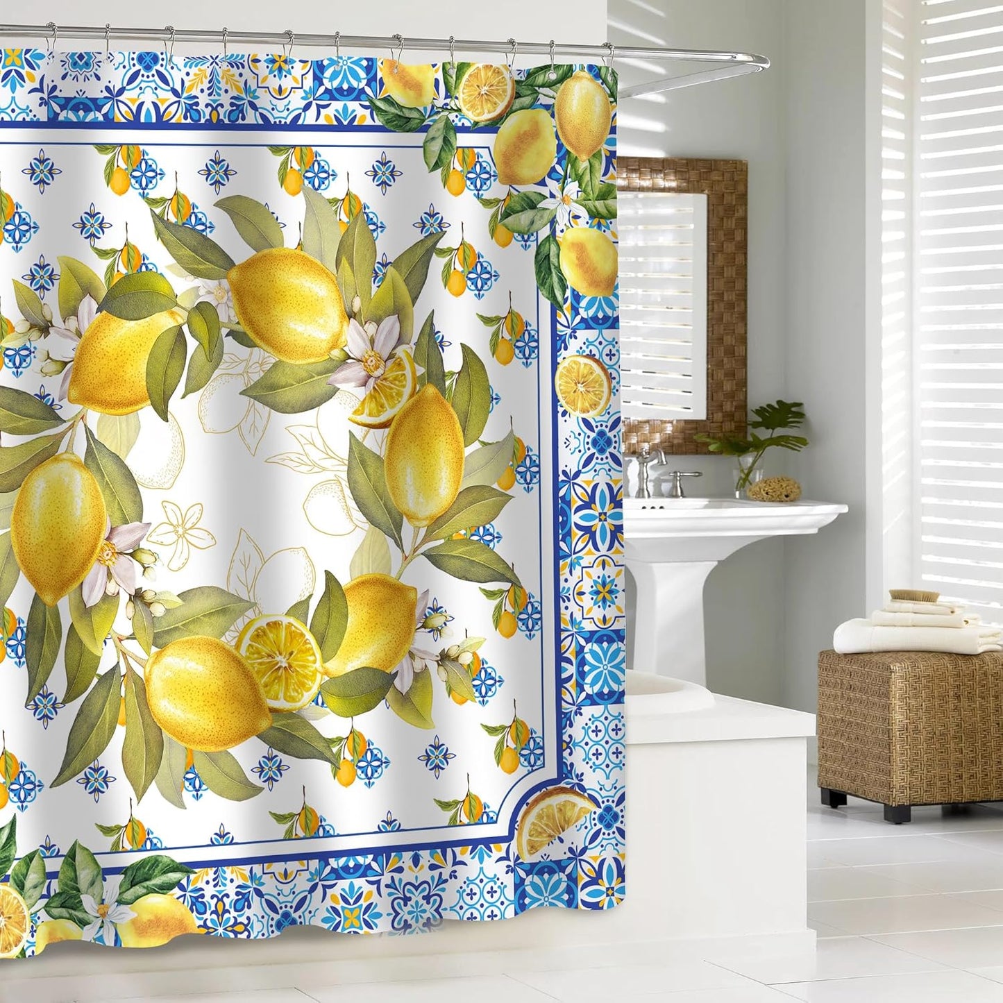 Lemon Shower Curtain, Yellow and Blue Mediterranean Curtain for Bathroom, Farmhouse Summer Waterproof Bath Curtains with Hooks for Seasonal Decorative Decor Housewarming Gifts, 71x71 Inches